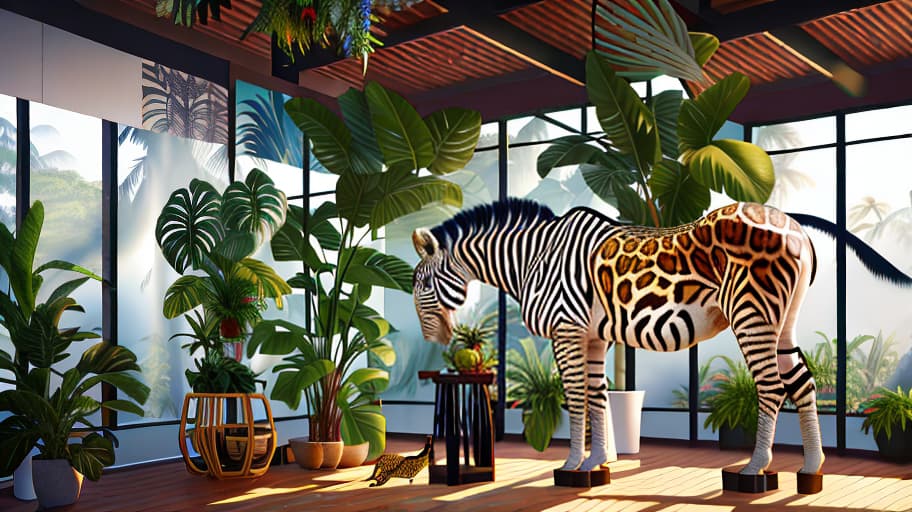  Tropical style gym interior. Parrots and monkeys sit on sports equipment. Zebras and leopards walk around. Lianas and tropical flowers grow along the walls hyperrealistic, full body, detailed clothing, highly detailed, cinematic lighting, stunningly beautiful, intricate, sharp focus, f/1. 8, 85mm, (centered image composition), (professionally color graded), ((bright soft diffused light)), volumetric fog, trending on instagram, trending on tumblr, HDR 4K, 8K