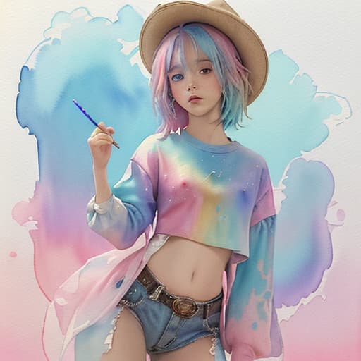  ,best quality,(masterpiece:1.3),ultra detailed,1girl,abstract watercolor painting of a little girl,(cowboy shot),scales,rainbow colors :1,colorful hair,blue and pink tone colors,abstract watercolor painting of cartoon clouds with emoji,rainbow colors,gradien