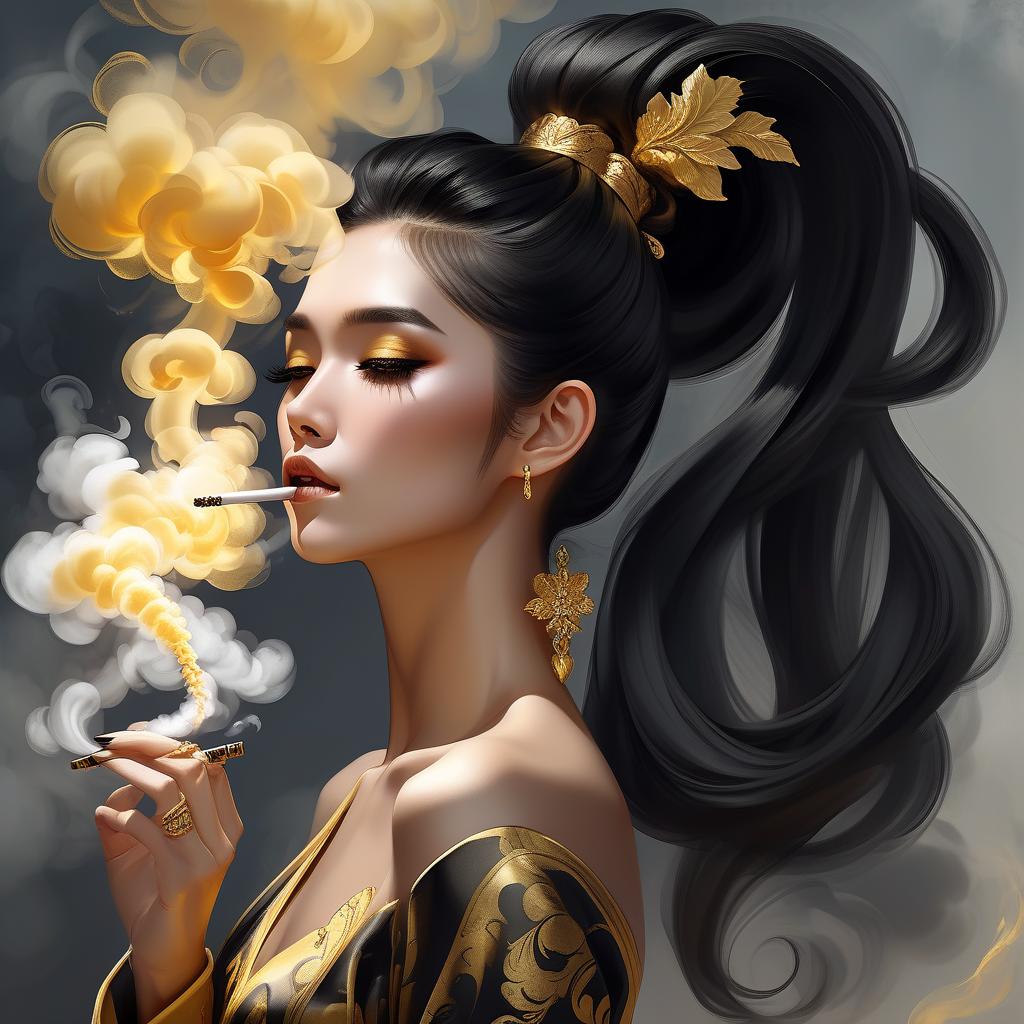  luxury product style a woman with black gold hair and a ponytail is blowing smoke into her hair and looking down at her hand, trending on art station, fantasy art, a digital painting . elegant, sophisticated, high end, luxurious, professional, highly detailed, hkmagic, oil painting