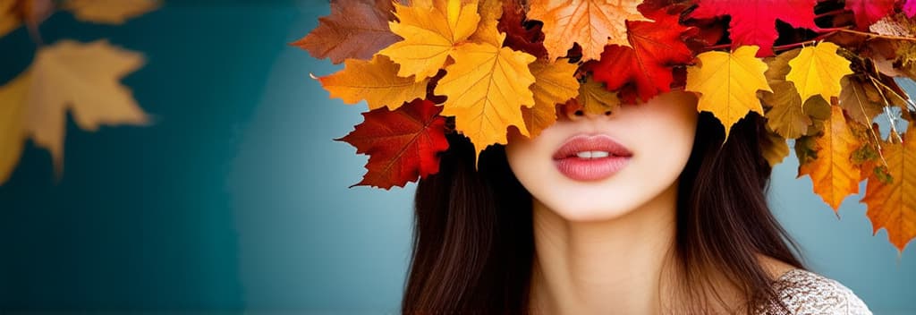  banner a portrait of a young asian woman in a creative style with a large floral arrangement and autumn leaves ((((covering her face)))), emphasizes bright colors and a surreal atmosphere ar 3:1, (natural skin texture), highly detailed face, depth of field, hyperrealism, soft light, muted colors