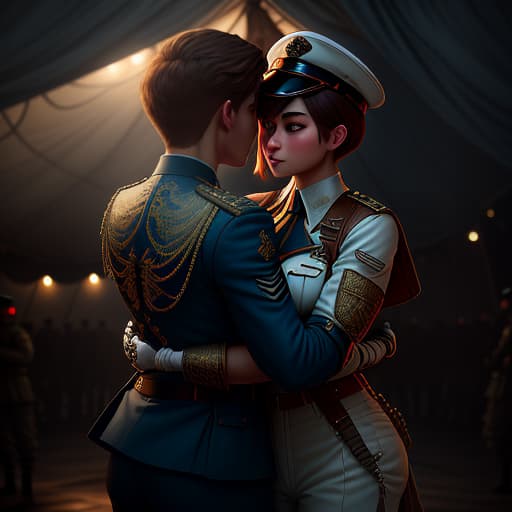  a girl with brown hair hugs a boyfriend of a friend with short hair in a military white shirt and suspender pants, a girl dressed in a blue elongated military jacket and black trousers, behind against the background of a military tent, Disney style, (intricate details:1.12), hdr, (intricate details, hyperdetailed:1.15) hyperrealistic, full body, detailed clothing, highly detailed, cinematic lighting, stunningly beautiful, intricate, sharp focus, f/1. 8, 85mm, (centered image composition), (professionally color graded), ((bright soft diffused light)), volumetric fog, trending on instagram, trending on tumblr, HDR 4K, 8K