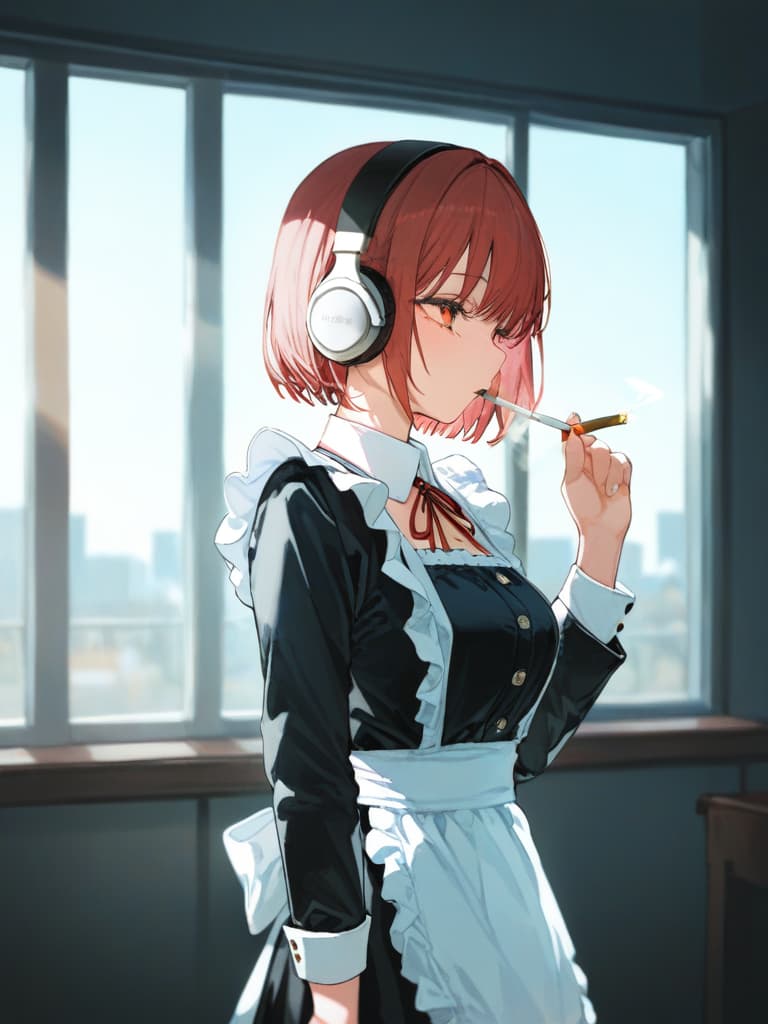  a who smokes cigarettes, a wearing a cigarette, a wearing headphones, a with a blonde bob cut, whole body, black jacket, maid cosplay, standing, black frill , white apron, masterpiece, best quality,8k,ultra detailed,high resolution,an extremely delicate and beautiful,hyper detail