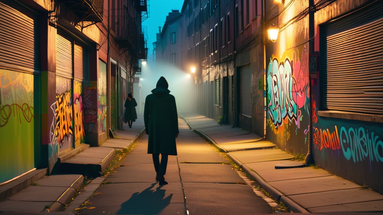  a shadowy figure lurking in a dimly lit alley, surrounded by urban graffiti, with eerie streetlights casting long shadows, and a group of curious friends whispering in the foreground, capturing the essence of urban legends. hyperrealistic, full body, detailed clothing, highly detailed, cinematic lighting, stunningly beautiful, intricate, sharp focus, f/1. 8, 85mm, (centered image composition), (professionally color graded), ((bright soft diffused light)), volumetric fog, trending on instagram, trending on tumblr, HDR 4K, 8K