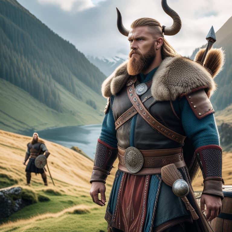  funny viking who tells about a journey and uses as an avatar bar by colors from enpit hyperrealistic, full body, detailed clothing, highly detailed, cinematic lighting, stunningly beautiful, intricate, sharp focus, f/1. 8, 85mm, (centered image composition), (professionally color graded), ((bright soft diffused light)), volumetric fog, trending on instagram, trending on tumblr, HDR 4K, 8K