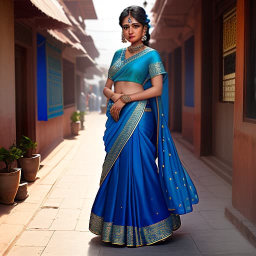  the girl is an indian with a beautiful face in a luxurious blue sari on which there are many details in full growth in full face in full growth on the street she stands, and on her feet beautiful blue shoes girl high digital painting very luxurious lehengu it really shines