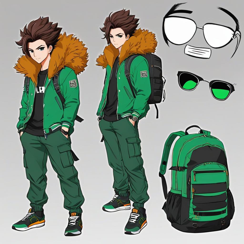  create a design in the manga style of a , big hair cacheado brown, using a green strip on the side of the pants, green , backpack on the coast, place the hair of the stuck character, male character