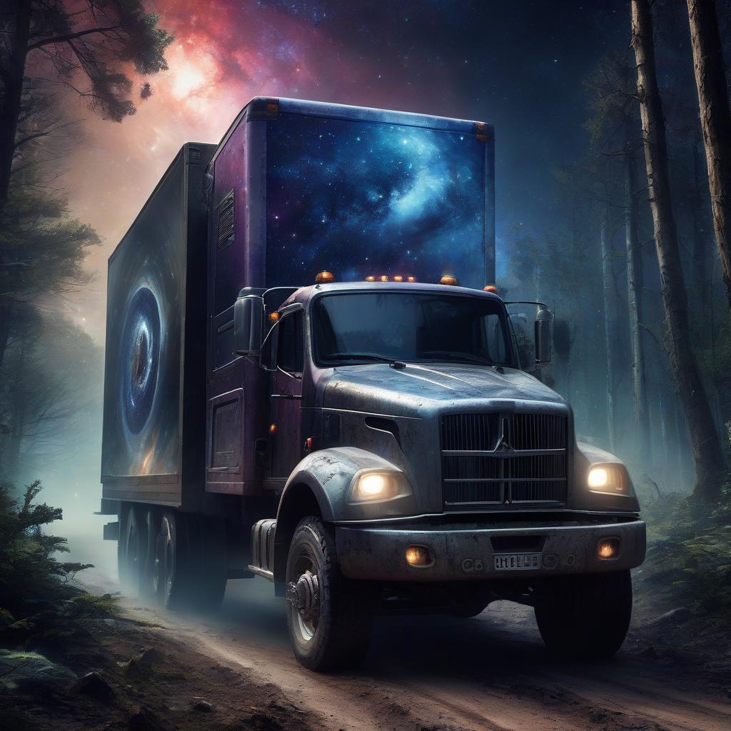  space themed advertising games, a truck on a dirty forest road, . cosmic, celestial, stars, galaxies, nebulas, planets, science fiction, highly detailed