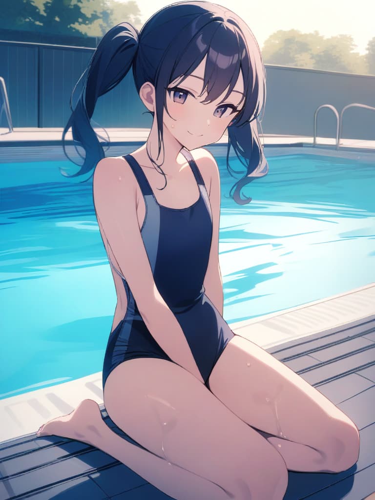  junior s, twin tails, cute smiles, dark blue, dark blue swimwear, dark blue swimwear, vertical , clear (double ual equipment, shaped clear, swelling, man swelling),, front legs, whole body, pool, pool, pool, pool.