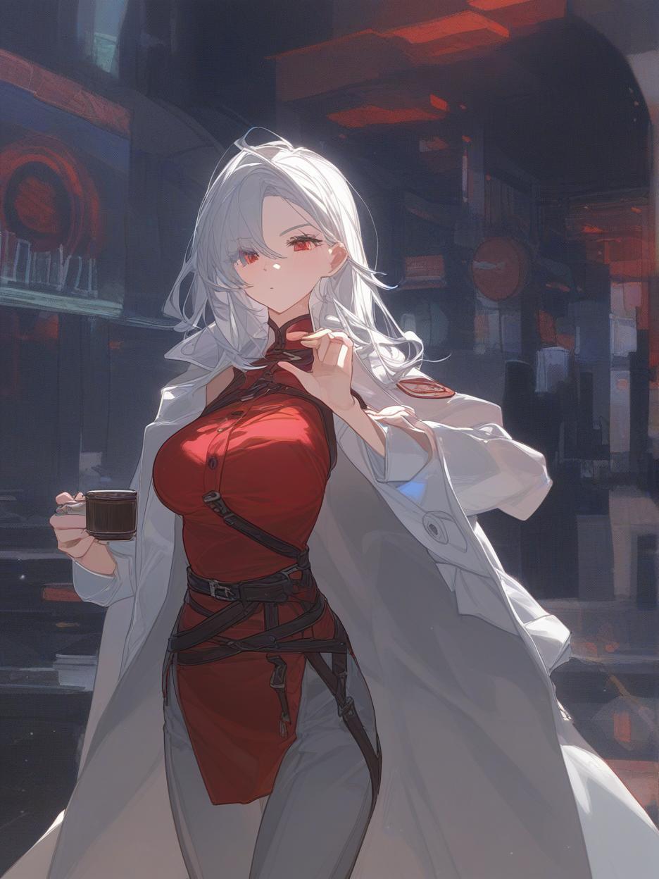  a strong woman, silver long hair. she has deep, beautiful red eyes that are very prominent, white eyelashes that are very prominent in the eyes. she wears dark dress pants. a red shirt with buttons on the front seam, two thin belts under the bust. a light gray lab coat on the shoulders. a very strong and slender body, his strong abdomen shows in the red shirt. the background is a futuristic area where people practice combat in the background. she has a cup of coffee in her hands. well highlighted eyes with white eyelashes details, 8k. . best quality, high resolution