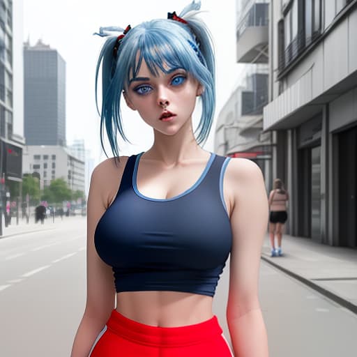  girl, blue hair gathered in two ponytails, blue eyes, white tight top, huge bust, red very short tight shorts, black sneakers, against the background of the city on the street.