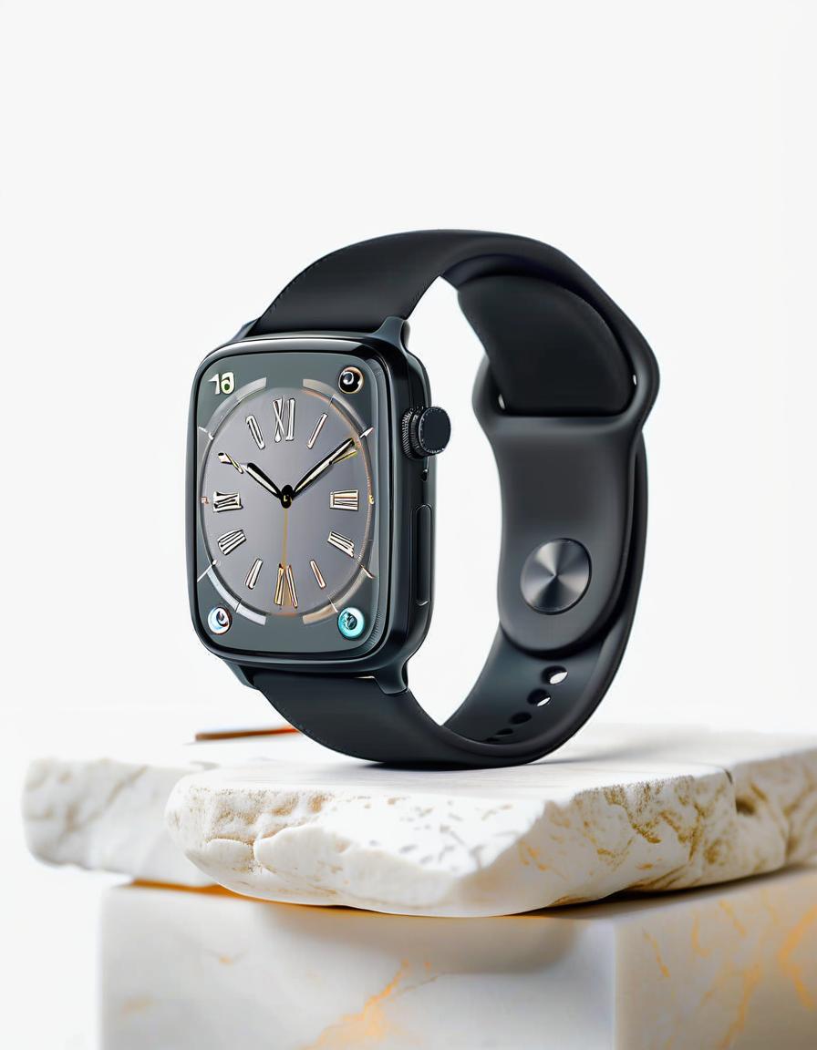  smart watch on white stone, light background, stone as a stand for demonstrating watches, film photography style