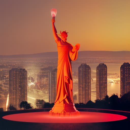 dvarchmodern a statue on top of a hill next to a body of water, flashy red lights, looming over a horde of gold, year 2 0 4 0, diabolic, promotional image, at the world cup, torchlit, around the tower in lights, red banners