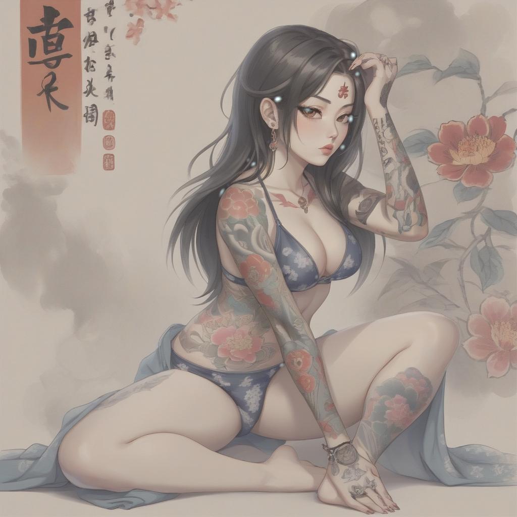  a woman in underwear, with tattoos in the japanese style "irezumi" more tattoos, dark long hair, straight nose, oriental entourage, sitting in a feminine pose, background and clothing styled for the era of edo, athletic female body.