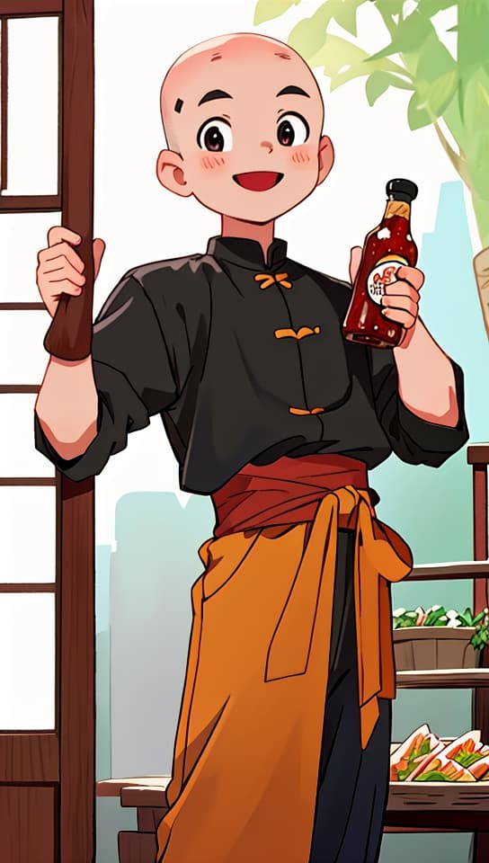  happy vietnamese bald young man standing in his stall pointing at springroll and holding a bottle of chili sauce. , (anime:1.15), HQ, Hightly detailed, 4k