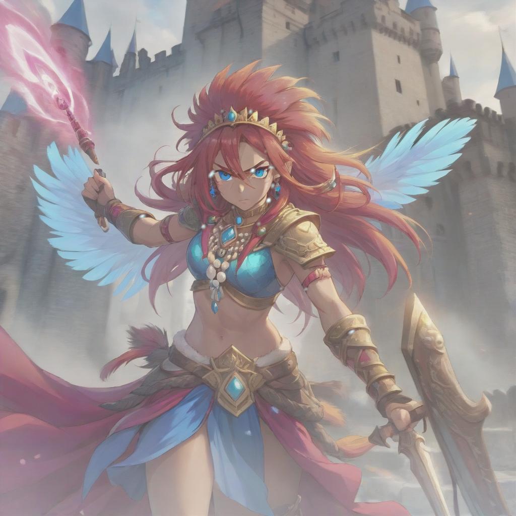  long exposure photo of portrait of strong rage amazonas warrior. blue eye. long red hair. tilting head down, magenta mantle, shoulder pad feather, accessory necklace with pearls on the forehead, against the background of the castle siege . blurred motion, streaks of light, surreal, dreamy, ghosting effect, highly detailed, sticker, hkmagic