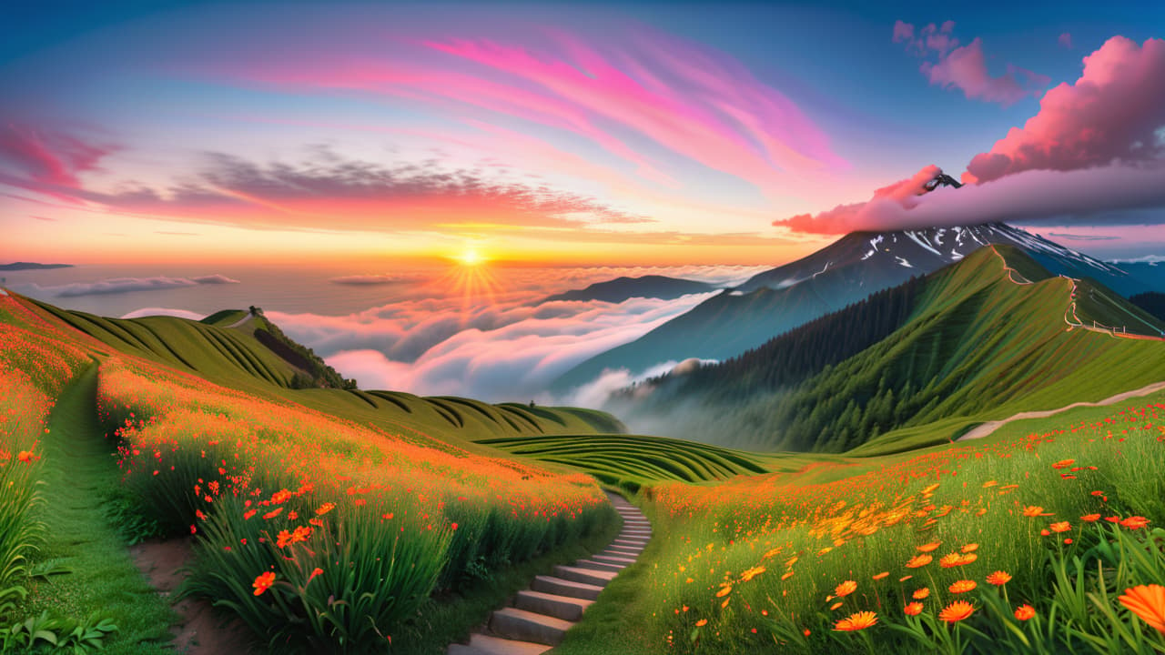  a serene landscape depicting three distinct paths: one leading to a mountain peak (achievement goals), another to a flourishing garden (personal development goals), and the last toward a bustling city (career goals), all under a vibrant sunset. hyperrealistic, full body, detailed clothing, highly detailed, cinematic lighting, stunningly beautiful, intricate, sharp focus, f/1. 8, 85mm, (centered image composition), (professionally color graded), ((bright soft diffused light)), volumetric fog, trending on instagram, trending on tumblr, HDR 4K, 8K