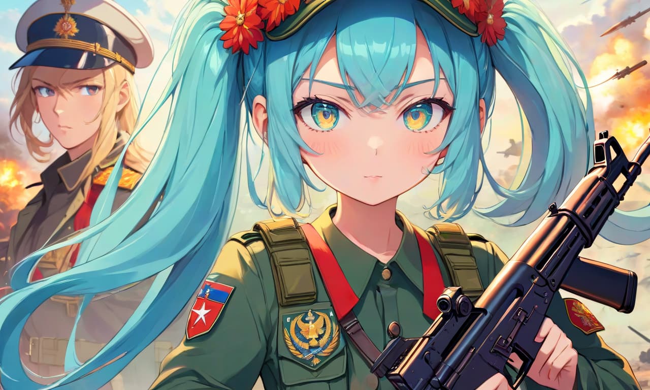  anime artwork miku hatsune with ak 74 and military uniforms of the russian armed forces . anime style, key visual, vibrant, studio anime, highly detailed