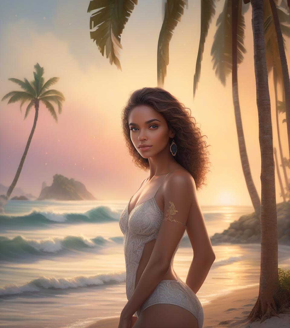  a stunning portrait of a beautiful woman, capturing every detail in high resolution and ultra detailed realistic style. her lifelike colors radiate a vibrant palette, reflecting the warm hues of a glowing sunset over a tranquil beach scene. the photorealistic image showcases the intricacies of her features, bringing out the true textures of her skin under the hdri lighting. the professional composition utilizes both sharp focus and bokeh, perfectly balancing the depth of the scene and highlighting the physical beauty of the subject. set against the backdrop of crashing waves and lush palm trees, this image is a true masterpiece of physically based rendering, beautifully