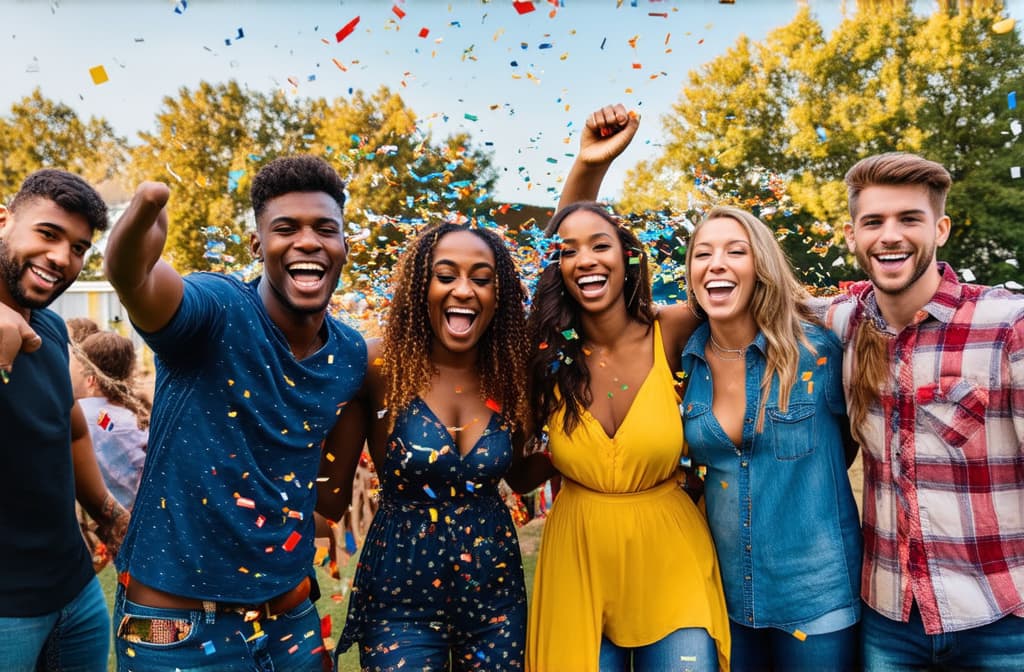  professional detailed photography, group of friends having fun at summer party throwing confetti in the air, young multiracial hipsters having fun on weekend outdoors ar 3:2, (muted colors, dim colors, soothing tones), (vsco:0.3)