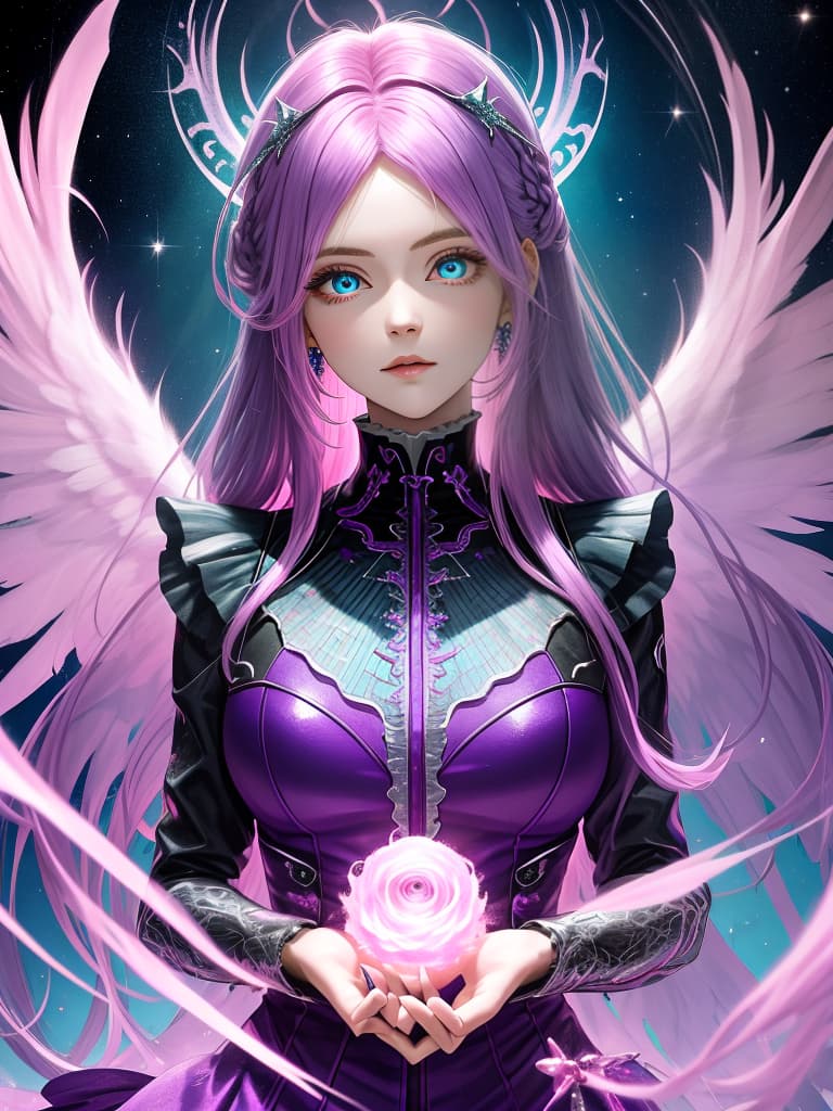  purple pink hairstyle, angel and devil wings, big eyes, aqua blue eyes, men and women, masterpiece, best quality,8k,ultra detailed,high resolution,an extremely delicate and beautiful,hyper detail