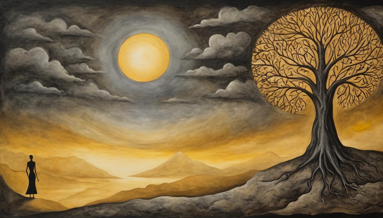  on parchment, surrealism++, heavenly sunrise, dark foreground, golden light breaking through, hope, breakthrough, new dawn(mysterious, provocative, symbolic)++