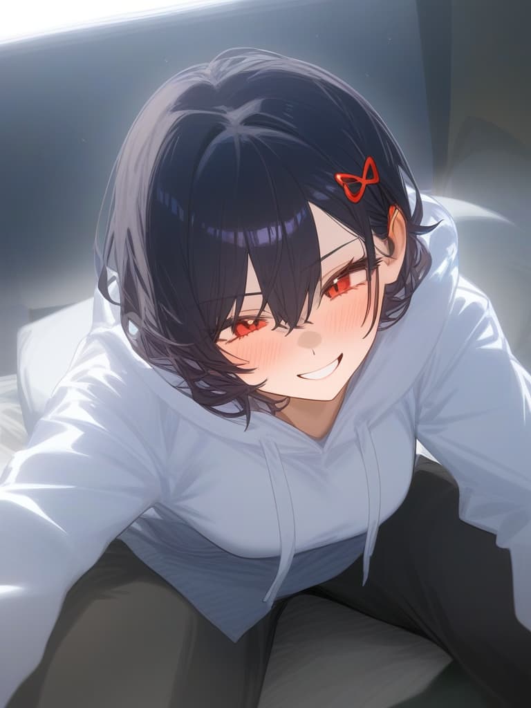  short black hair,red eyes,red hairpin,white hoodie,black pants,and a naughty smile.