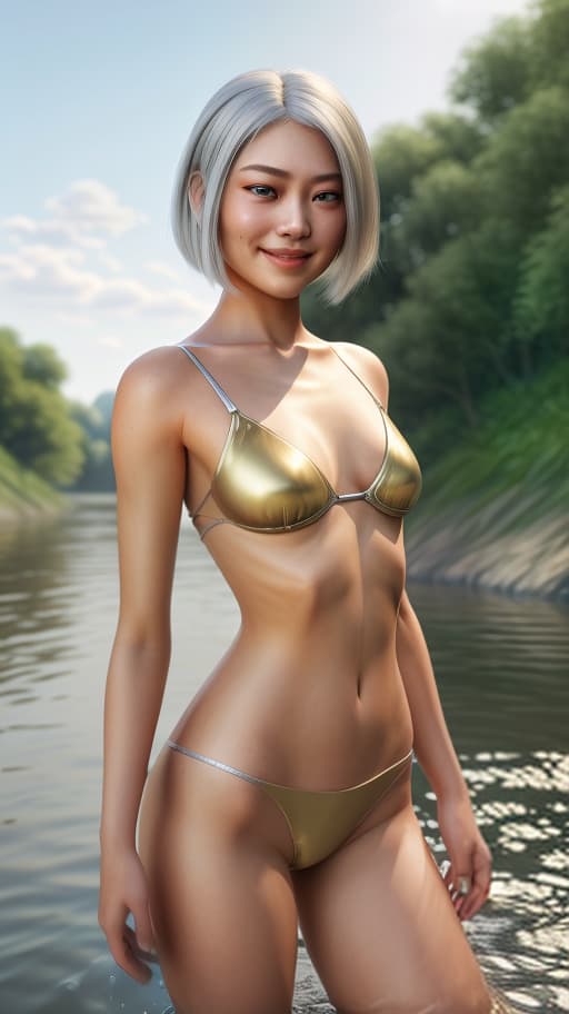   with straight silver hair up to her shoulders in a on the river bank, photorealistic, hyperrealistic, hyperdetailed, analog style, demure, detailed skin, pores, smirk, smiling eyes, matte skin, soft lighting, subsurface scattering, realistic, heavy shadow, masterpiece, best quality, ultra realistic, 8k, golden ratio, intricate, high detail, film photography, soft focus