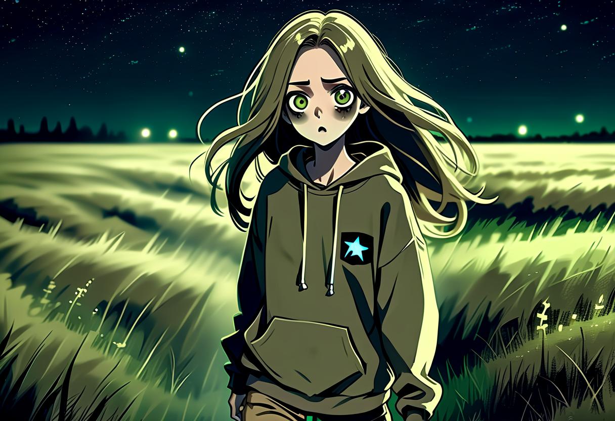  horror themed a girl in anime style with long hair runs around the field at night dressed in a khaki colored sweatshirt and pants. the girl looks at the starry sky at night with black lower eyelids under the eyes of a specific color full of fear of the unknown and curiosity. . eerie, unsettling, dark, spooky, suspenseful, grim, highly detailed