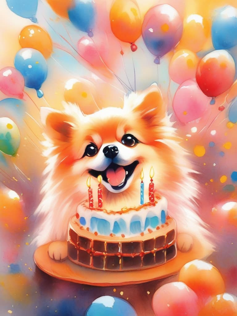  (painting,happy birthday),cake 🎂,balloons 🎈,cute orange pomeranian,smiling,gentle illustration,masterpiece,high quality,8k