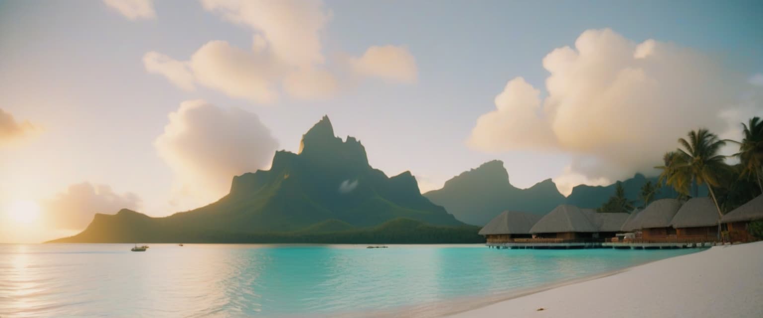  cinematic photo good morning on bora bora beach. . 35mm photograph, film, bokeh, professional, 4k, highly detailed