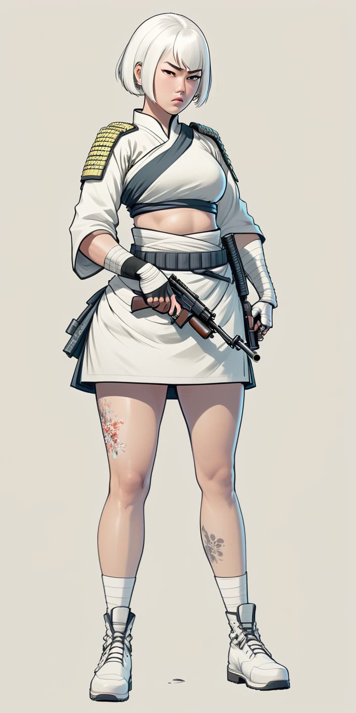  concept art in full growth, turned sideways, beautiful girl, the ancestor of the samurai, killer, heavy and fat,, in dress, with swords and pistol, white short hair, rifle in hands, in a fighting position, concept art, illustrative, in color, digital artwork, highly detailed. . digital artwork, illustrative, painterly, matte painting, highly detailed