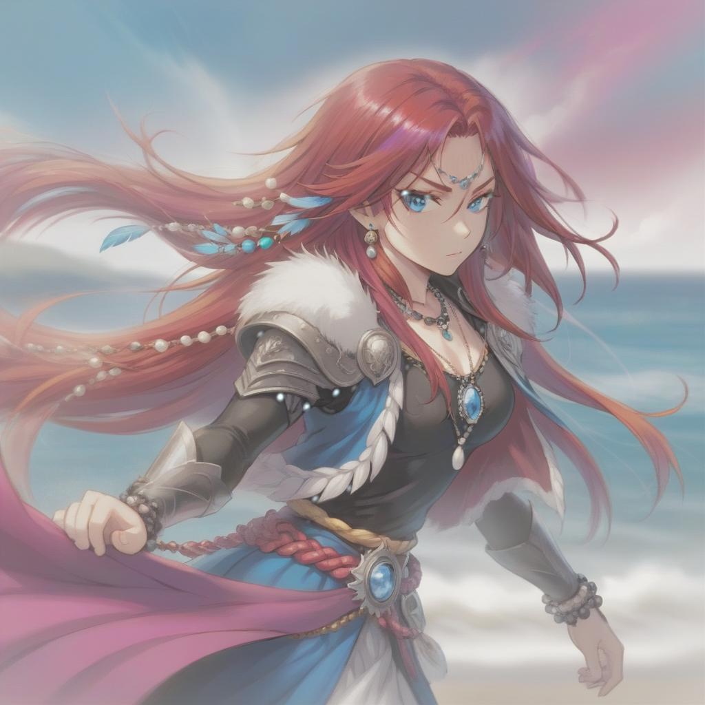  long exposure photo of portrait of strong rage woman valcyria. blue eye. long red hair. tilting head down, magenta mantle, shoulder pad feather, accessory necklace with pearls on the forehead, by the sea . blurred motion, streaks of light, surreal, dreamy, ghosting effect, highly detailed, sticker, hkmagic, perfecteyes