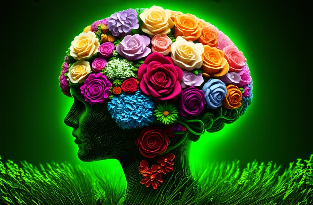  epic realistic, hyperdetailed, (cycles render:1.3), caustics, (glossy:0.58), (artstation:0.82),close up of a model of a human brain made of different flowers: roses and others. different colors ar 3:2