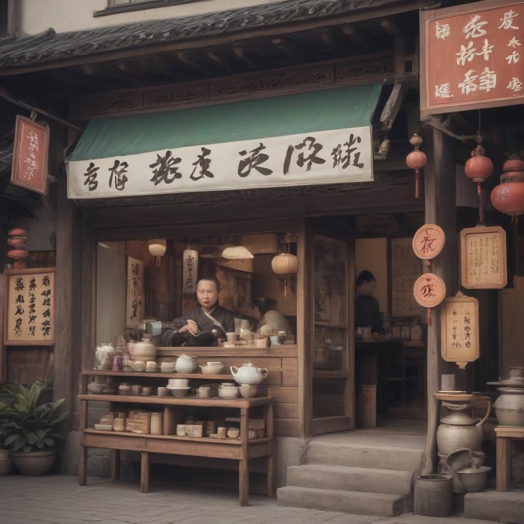  chinese town, tea store, tea ceremony, sign text “tea875”, epic foto, 4k