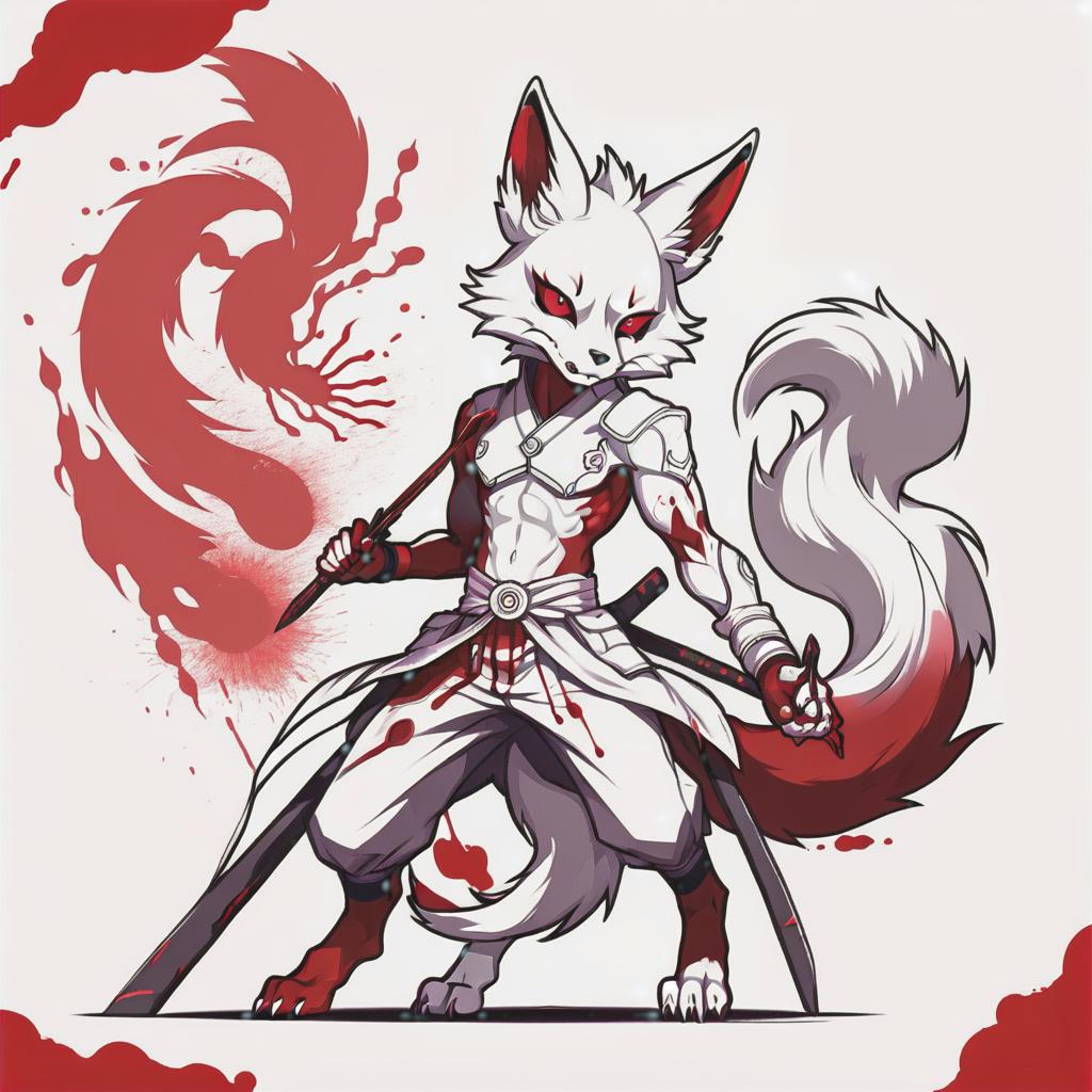  line art drawing wounded blood kitsune, battle stance, same nightmare. anime style . professional, sleek, modern, minimalist, graphic, line art, vector graphics