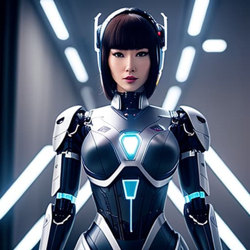  generate an image of a lady robot with strong robotic features hyperrealistic, full body, detailed clothing, highly detailed, cinematic lighting, stunningly beautiful, intricate, sharp focus, f/1. 8, 85mm, (centered image composition), (professionally color graded), ((bright soft diffused light)), volumetric fog, trending on instagram, trending on tumblr, HDR 4K, 8K