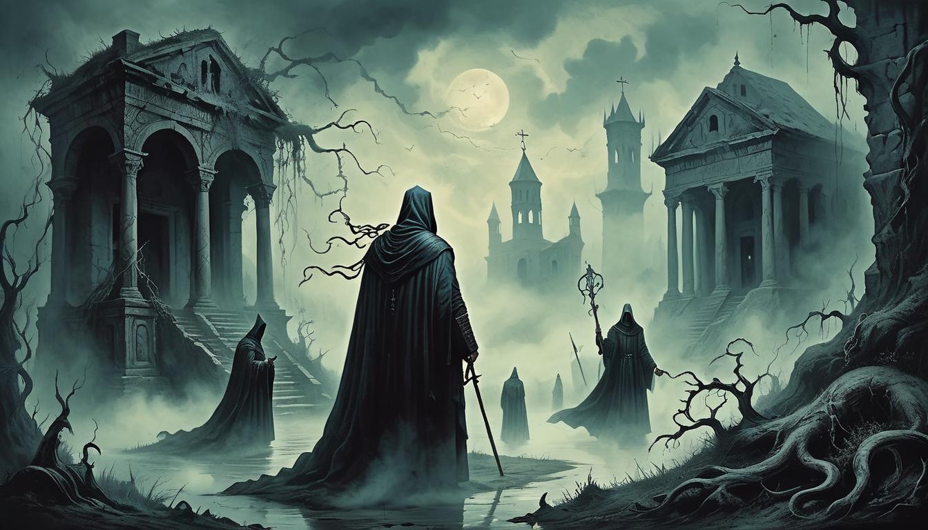  on parchment, surrealism+++, dark robed figures, surrounded by tendrils of a creeping mist, gazes filled with the illusion of righteousness, backdrop of a crumbling, ancient ruin, mood of misguided power(mysterious, provocative, symbolic,muted color)+++