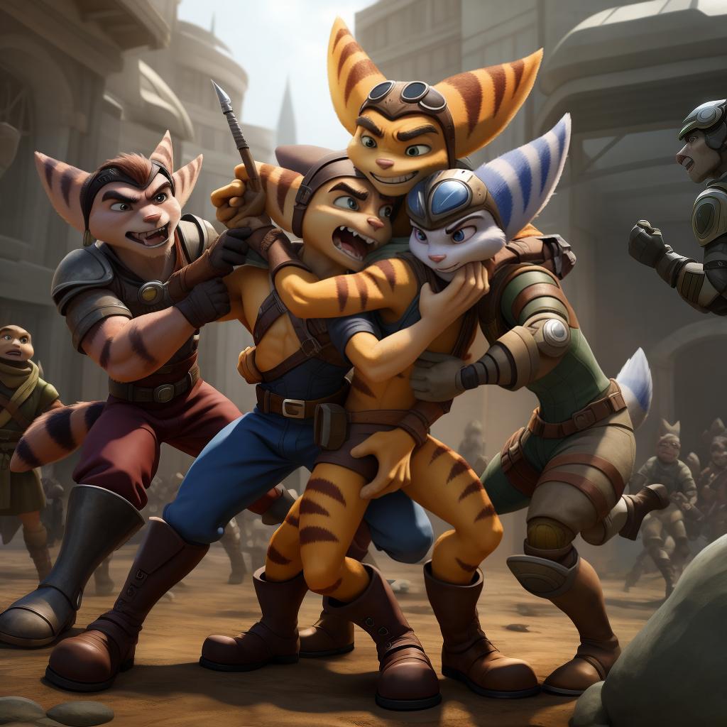  Male ratchet and clank (insomniac) full body, group, clothes, gloves and boots, attack, combat, war, gay, evil, fighting, hand to hand combat, punching, retraining, 4 vs 1, grabbed, neck grab, ganged up upon, hand squeezes crotch, attacking victim, open eyes, digital art, masterpiece, 4k, fine details,