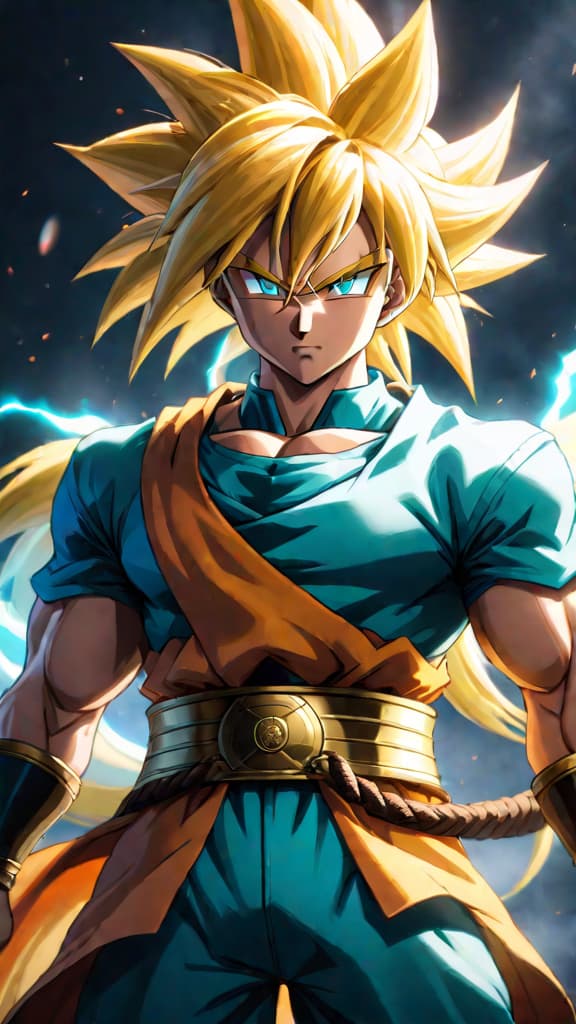  anime art of yamoshi, the legendary super saiyan with golden hair and teal eyes. hyperrealistic, full body, detailed clothing, highly detailed, cinematic lighting, stunningly beautiful, intricate, sharp focus, f/1. 8, 85mm, (centered image composition), (professionally color graded), ((bright soft diffused light)), volumetric fog, trending on instagram, trending on tumblr, HDR 4K, 8K