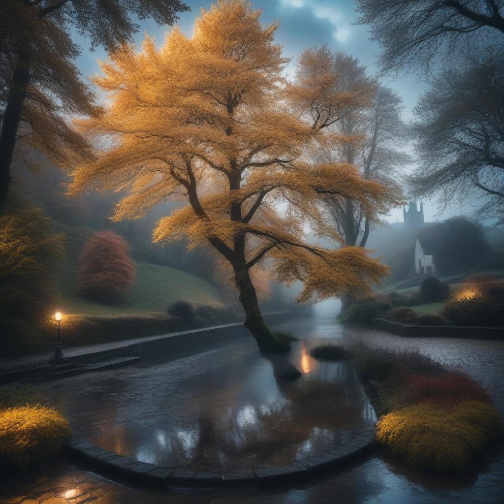  Beautiful deserted English landscape, beautiful architecture, cloudy sky, puddles, reflections, rain hyperrealistic, full body, detailed clothing, highly detailed, cinematic lighting, stunningly beautiful, intricate, sharp focus, f/1. 8, 85mm, (centered image composition), (professionally color graded), ((bright soft diffused light)), volumetric fog, trending on instagram, trending on tumblr, HDR 4K, 8K