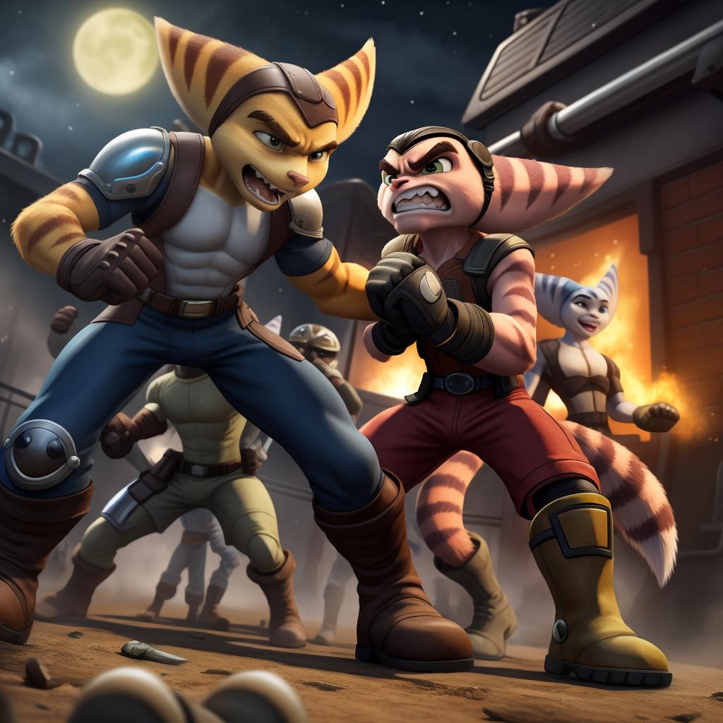  Male ratchet and clank (insomniac) full body, group, clothes, gloves and boots, attack, combat, war, angry, gay, fighting, hand to hand combat, punching, crotch grab, retraining, open eyes, digital art, masterpiece, 4k, fine details,