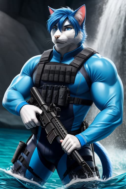  Cat anthro, Male, Big muscles, Royal Blue fur, Royal Blue hair, neon Blue eyes, Skintight neoprene suit, water, tactical gear, diving gear, rifle, open eyes, digital art, masterpiece, 4k, fine details,