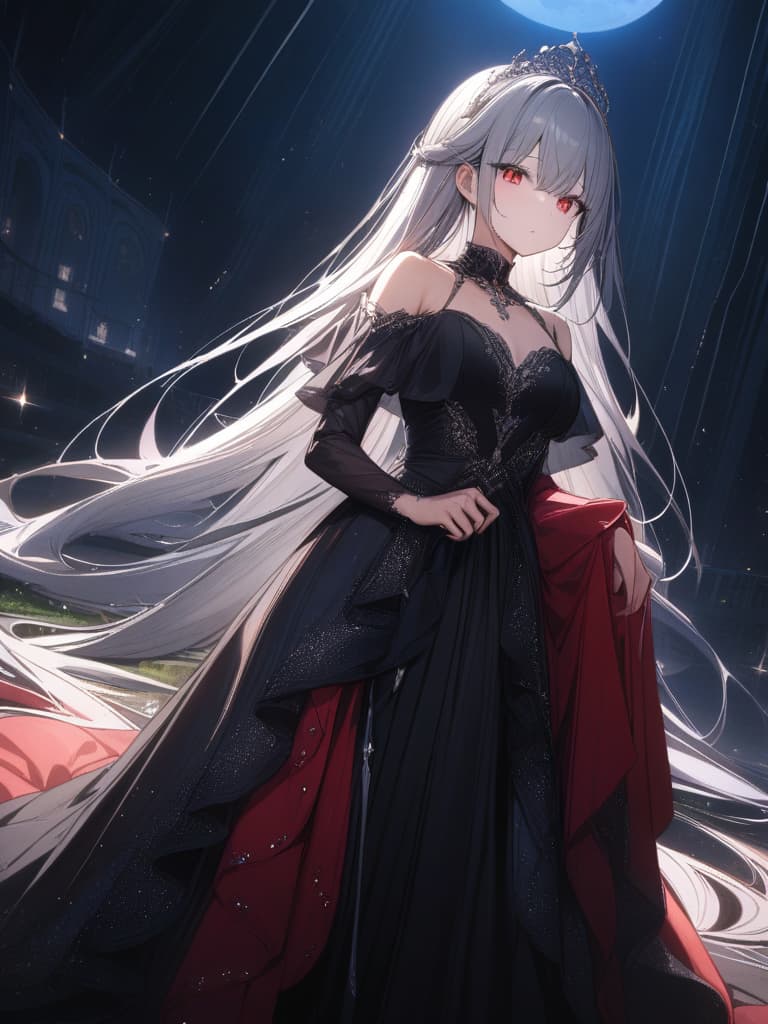  super long long hair, gray hair, long dress, fluttering, red and black dresses, black high heel glittering, night, lunar, red eyes, tiara on the head, diamond tiara , shooting the whole body, masterpiece, best quality,8k,ultra detailed,high resolution,an extremely delicate and beautiful,hyper detail