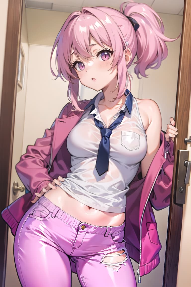  r 18, , middle , pink haired ,ponytail,large eyes,s She wears a cute pink , and her jeans are unoned, hanging low on her hips room, changing clothes,,,front tie 