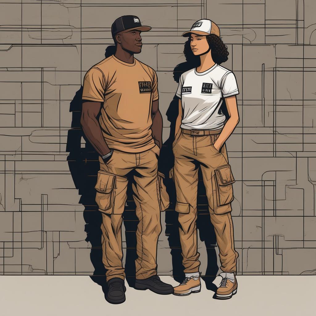  masterpiece, best quality, a man and a woman with their backs to each other, arms crossed, against a black wall, wearing a pdh shirt that says KPPS, wearing a hat that says KPPS, wearing light brown tactical pants and looking forward with a confident gaze, all captured in stunning 8k resolution with intricate detail .