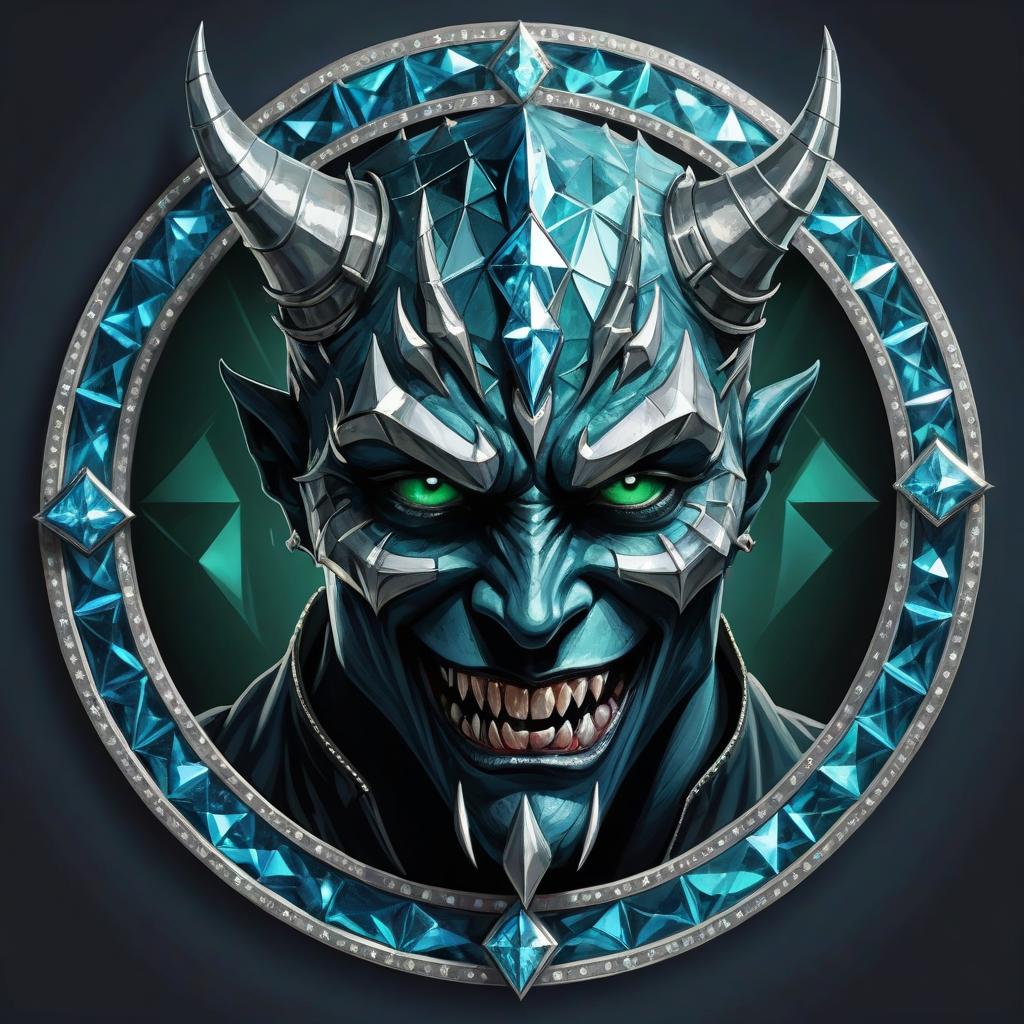  diamond devil, portrait. dark green eyes, man. with fangs and horns. colors blue, blue, silver