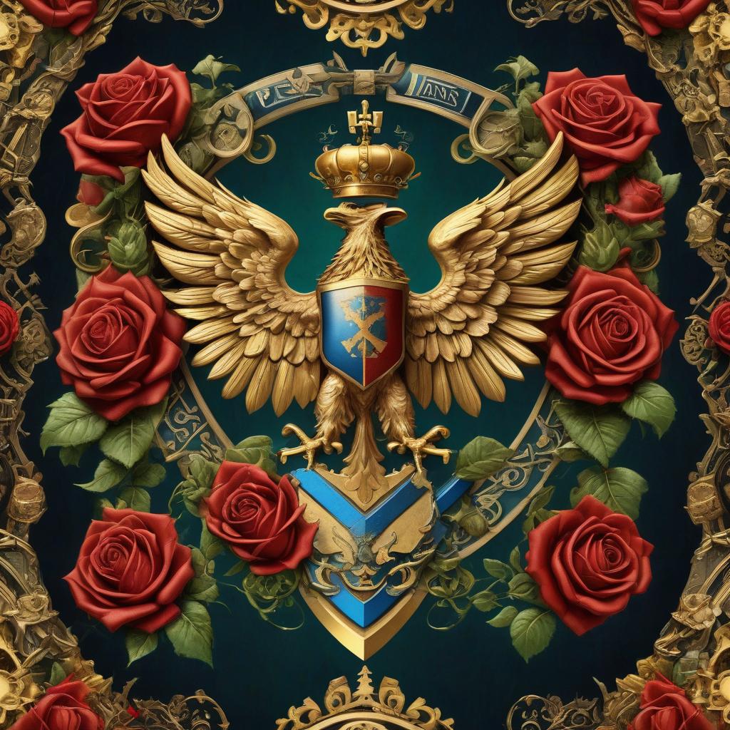  futurism, cyberpunk, steampunk.. coat of arms with a double headed eagle. four colors: gold, green, blue, red. flowers: roses, bells. the coat of arms in the castle.