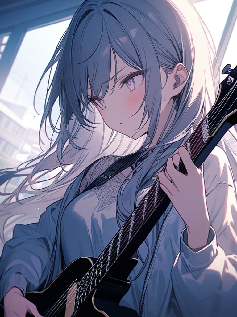  girls, guitars, rock girls, serious, sweat, long hair, pastel color, masterpiece, best quality,8k,ultra detailed,high resolution,an extremely delicate and beautiful,hyper detail