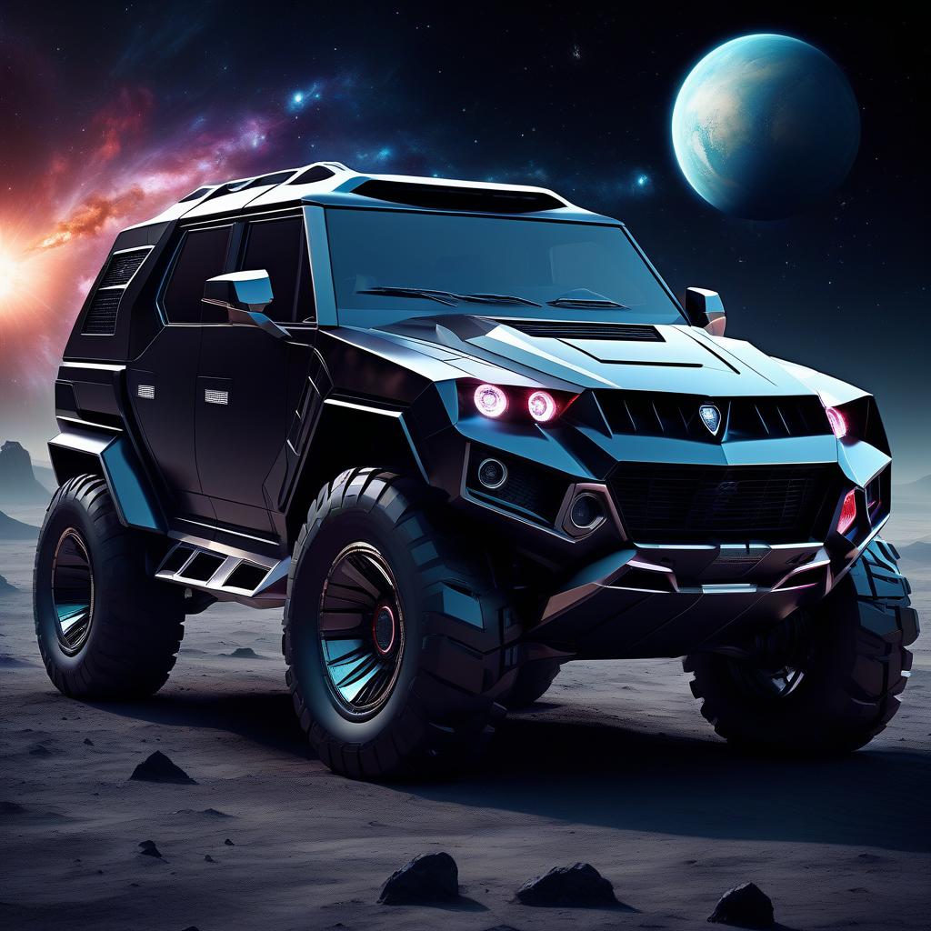  space themed retro futuristic, black, brutal suv, reminiscent of the lamborghini lm 002 . cosmic, celestial, stars, galaxies, nebulas, planets, science fiction, highly detailed