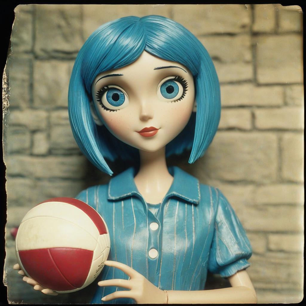  analog film photo movie character coraline with blue hair holding a volleyball. faded film, desaturated, 35mm photo, grainy, vignette, vintage, kodachrome, lomography, stained, highly detailed, found footage